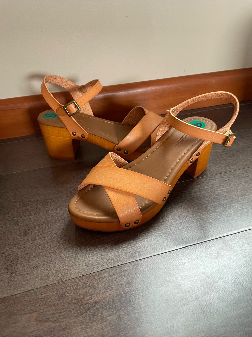 Ladies Tan Strappy Block Heel Sandals with Adjustable Ankle Strap